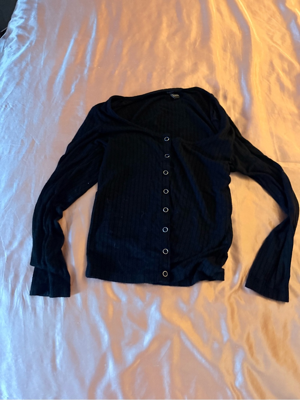 Forever 21 Black Ribbed Button-Front Long Sleeve Top